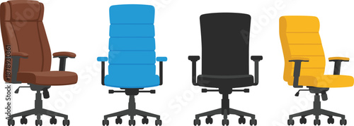 Office Chair Illustration Set with Modern Ergonomic Swivel Chairs, Adjustable Seating, and Professional Workplace Furniture Design in Flat Vector Style