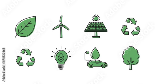 Illustrations of sustainable energy and environmental practices
