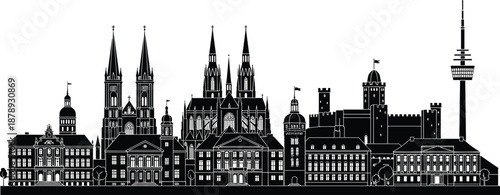 European historic city skyline silhouette with churches, castles, towers and classical buildings, architectural landmark illustration background for travel and tourism design