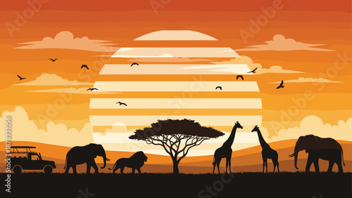 African safari sunset landscape with elephants, giraffes, lion and jeep under acacia tree, warm golden sky, colorful vector illustration for wildlife and travel themes