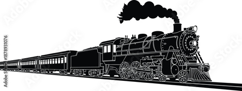 Vintage steam locomotive pulling passenger train with billowing smoke, detailed black and white silhouette vector illustration for railway history, transportation and classic travel themes