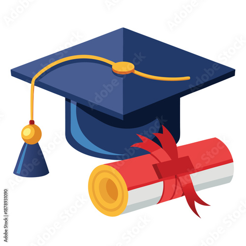 graduation cap and diploma on white