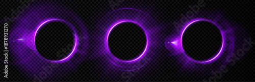 Light halo flare purple aura for fantasy neon 3d space and shape. Glow sphere effect with glass tech design by circular orb or portal. Smoke ball sparkle shine electric round cycle frame energy color.