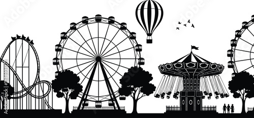 Amusement park silhouette with ferris wheel, roller coaster, swing ride and hot air balloon, lively black and white vector illustration for funfair entertainment themes