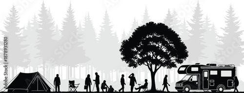 Camping scene with people, tent and motorhome beneath forest trees, outdoor leisure and travel lifestyle, peaceful black and white silhouette vector illustration for nature tourism