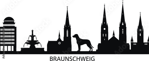 Braunschweig city skyline with historic churches, fountain and iconic lion statue, elegant black and white silhouette vector illustration for travel, culture and urban heritage themes