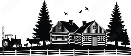 Peaceful rural log cabin homestead with tractor, cow and dog, pine trees and flying birds, black and white vector illustration for countryside living themes
