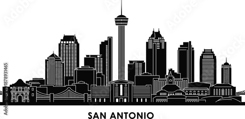 San Antonio city skyline featuring iconic Tower of the Americas and historic landmarks, detailed black and white silhouette vector illustration for travel, tourism and urban themes