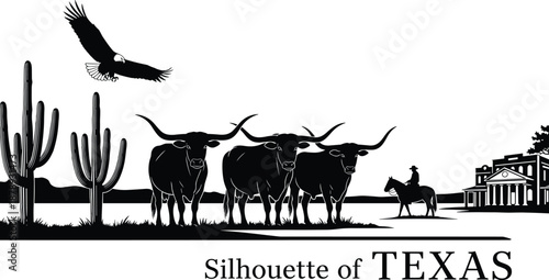 Texas western landscape silhouette with longhorn cattle, cowboy on horseback, desert cactus and soaring eagle, bold black and white vector illustration for heritage themes