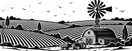 Rural farmland landscape with barn, tractor, windmill and rolling crop fields, black and white vector illustration for agriculture, countryside and farming themes
