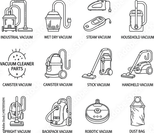 : Professional line icons for various vacuum cleaner types featuring industrial upright robotic and handheld models with accessories.
