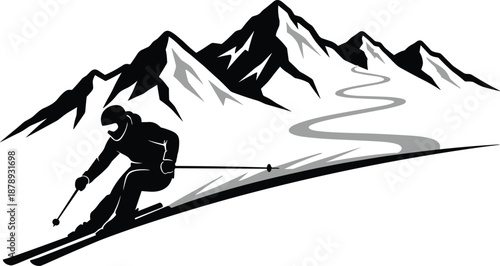 Dynamic skier racing downhill through alpine mountains, winding ski trail and snowy peaks, black and white vector illustration for winter sports adventure