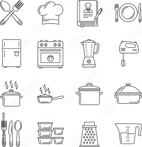Professional line icons for kitchen appliances featuring ovens refrigerators blenders and essential cooking pots and pans.