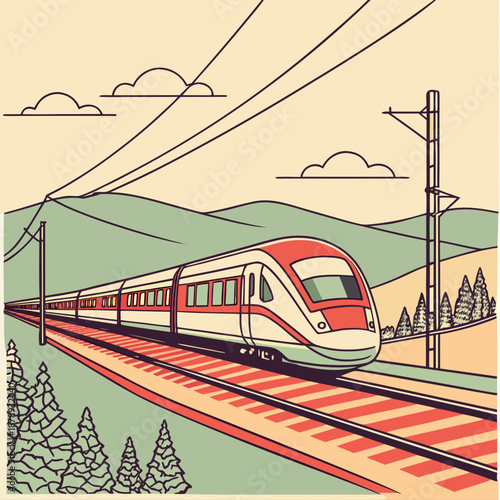 Modern train traveling through scenic landscape