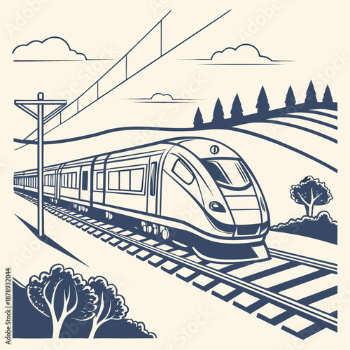 Modern train traveling through countryside