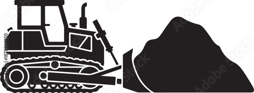 Black bulldozer pushing large pile of dirt construction heavy machinery