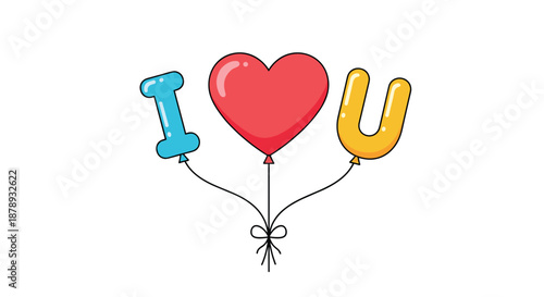 Three colorful balloons in the shape of letters and a heart spelling out I love you message, tied together with a ribbon bow.