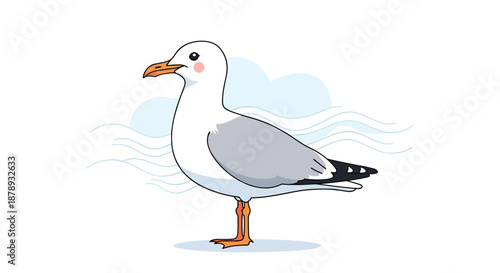 Realistic illustration of a seagull bird standing on its orange feet with a stylized background of blue ocean waves and soft clouds.