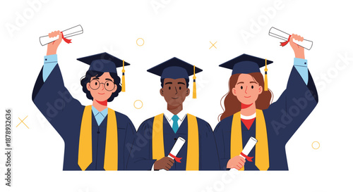 Three happy diverse university graduates in blue academic gowns and mortarboards holding their diplomas and celebrating their graduation success.