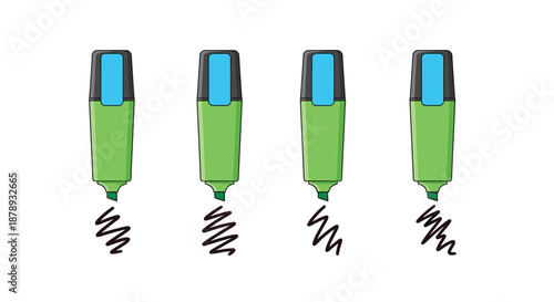 Set of four vibrant green felt-tip highlighter markers with blue caps and black scribble marks below each tip against a white background.
