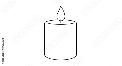 Minimalist black and white line drawing of a single thick pillar candle with a brightly burning flame against a plain white background.