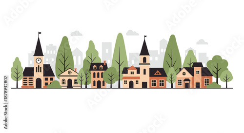 Charming illustration of a picturesque town street featuring various architectural styles of houses, tall green trees, and a clock tower.