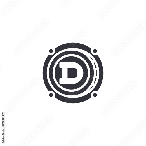 Decentralized coin emblem with bold letter mark representing unique blockchain token and virtual currency branding.