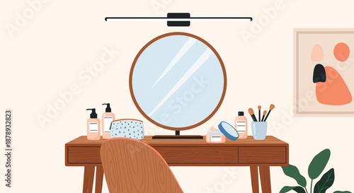 Elegant wooden vanity dressing table with a large circular mirror, makeup brushes, skincare bottles, and abstract art on the wall.