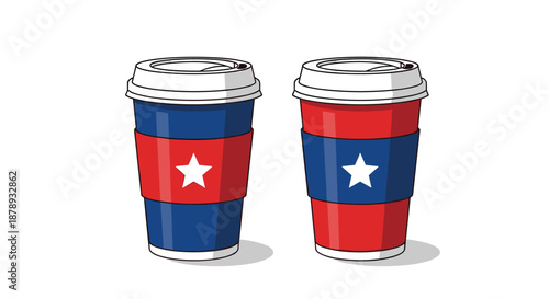 Two takeaway paper coffee cups with lids and sleeves in blue and red colors decorated with a single white star on each for a patriotic theme.