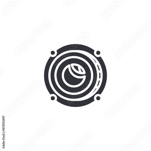 Circular crypto emblem with curved lines representing global digital currency circulation and blockchain movement.