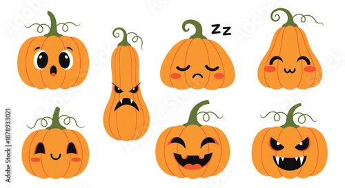 Collection of cute and spooky pumpkin characters with various facial expressions for halloween holiday decoration.