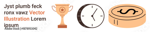 Achievement, efficiency, wealth management, goal setting, business planning, time value of money. Gold trophy, clock face and dollar coin icons. Achievement and efficiency concepts