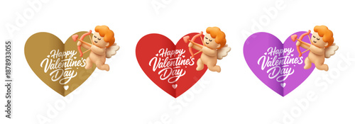 Set of colorful valentines with a cheerful 3D cupid shooting arrows of love. Isolated on white background. Happy Valentine's Day. Gifts for your loved ones. Vector illustration.