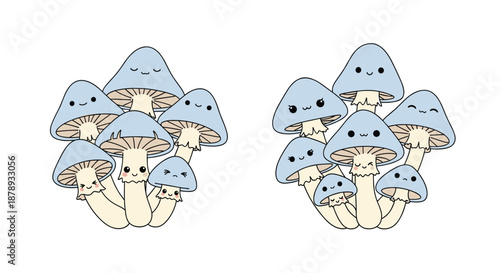 Cute blue mushroom clusters with happy faces and different expressions for forest fairy tale illustration.
