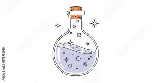 Round glass bottle with magic blue potion and sparkles for alchemy or fantasy game design.