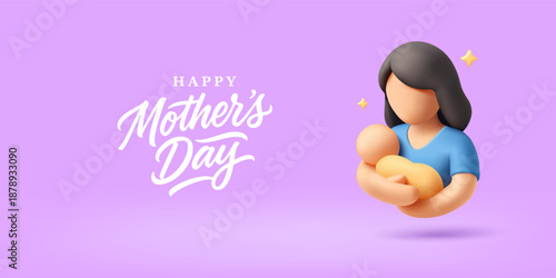 Mother's Day greeting on a pink background. 3D character of a mother holding a baby. Symbol of care, concern, love. For concept greetings. Vector illustration.