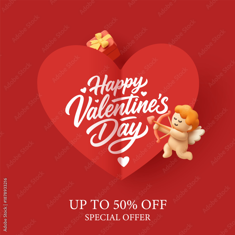 Fototapeta premium Happy Valentine's Day. Red banner. 3D, hearts, cupid, gift. For concepts of discounts, sales, special offers for gifts to loved ones. Vector illustration.