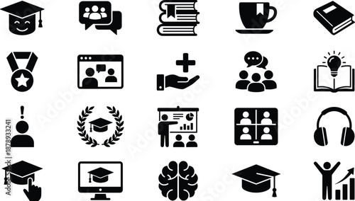 Online Education and Academic Success Icon Set Featuring Graduation Caps Books Brain Symbols Medals Video Learning Presentations and Global Study Elements