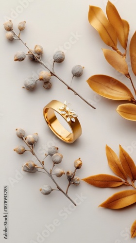 Elegant Gold Ring Surrounded by Golden Leaves and Decorative Berries for Fine Jewelry Photography