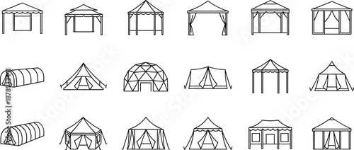 Professional collection of outdoor tent icons, event canopy line art, camping pavilions, garden gazebos, marquee shelters, and wedding party tent vectors