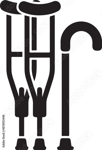 Black crutches and walking stick white background medical equipment