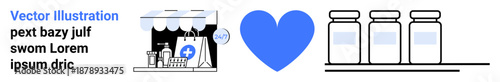 E-commerce, online shopping, healthcare, medication, pharmaceutical storage, logistics. Pharmacy storefront, blue heart symbol and medication bottles. Online shopping and healthcare