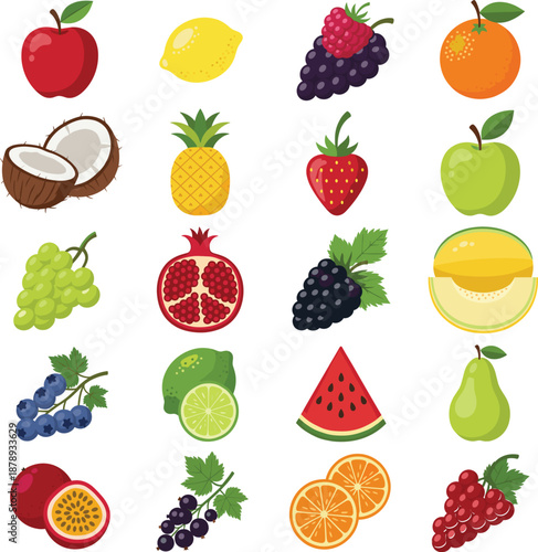 Comprehensive collection of colorful fresh fruit icons featuring organic berries tropical fruits and citrus for healthy nutrition.