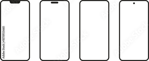 A set of four minimalist smartphone frames arranged in a row, suitable for app design mockups, web banners, and UI elements