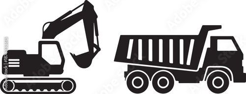 Black excavator and dump truck on white background construction heavy machinery