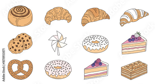 Delicious set of pastries and desserts including croissants donuts cookies pretzels and cake slices.