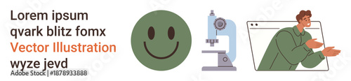 Education, microscope use, online communication, scientific research, emotive design, learning tools. Green happy face, blue microscope man in browser window. Education and microscope use ideas