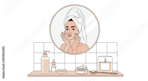 Woman with a towel on her head applying face cream while looking in a round mirror for beauty routine.