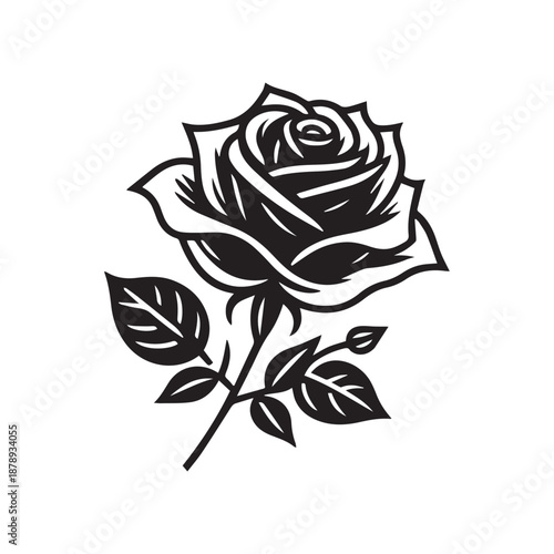 Bold black silhouette rose flower with leaves and a bud isolated on white background