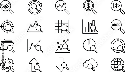 Vector line icons for data analysis, research, financial growth, business analytics, search optimization, and strategic information discovery.
